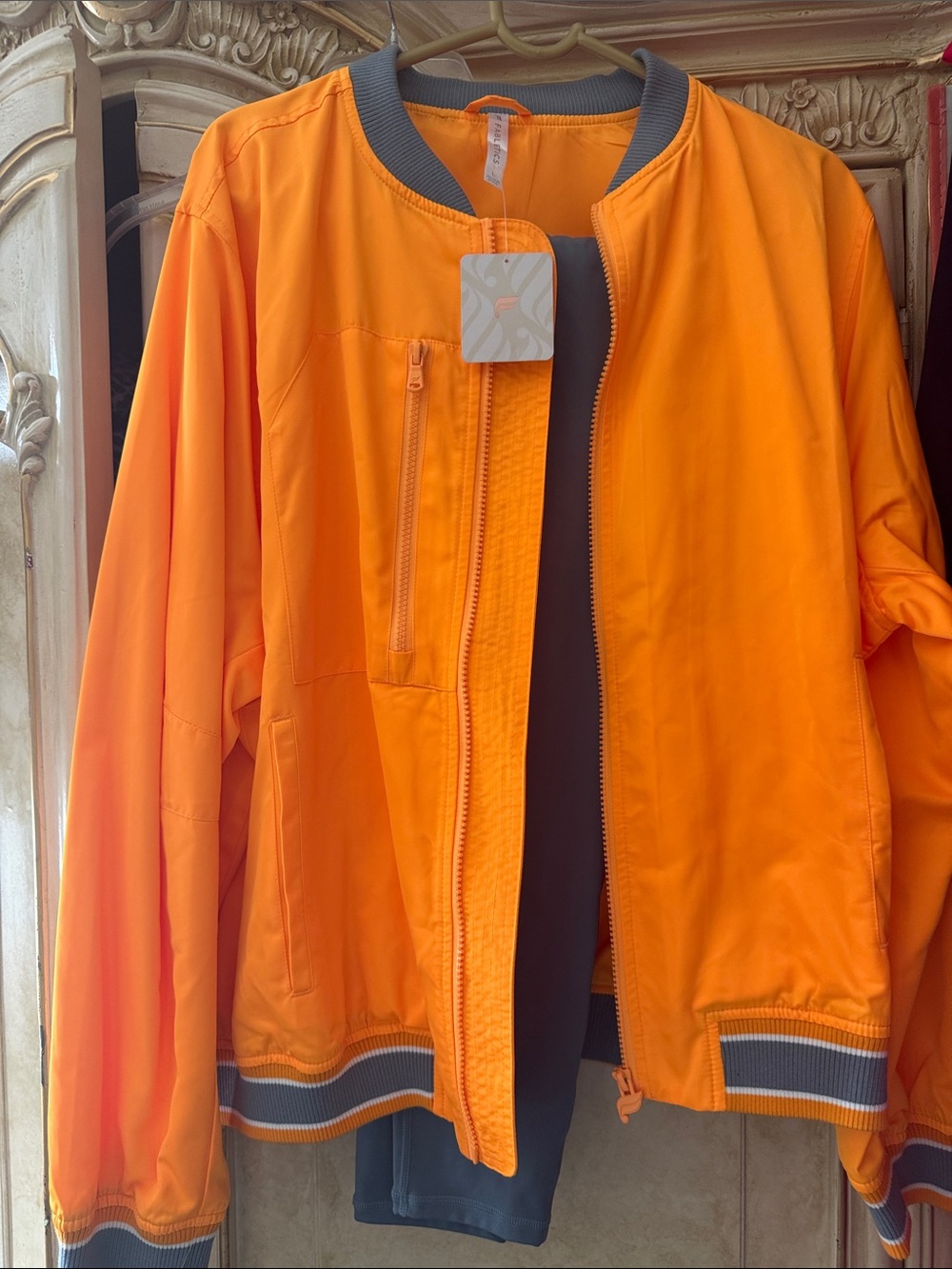 Fabletics Bright Orange Bomber Jacket with Contrast Trim/ matching leggings set
